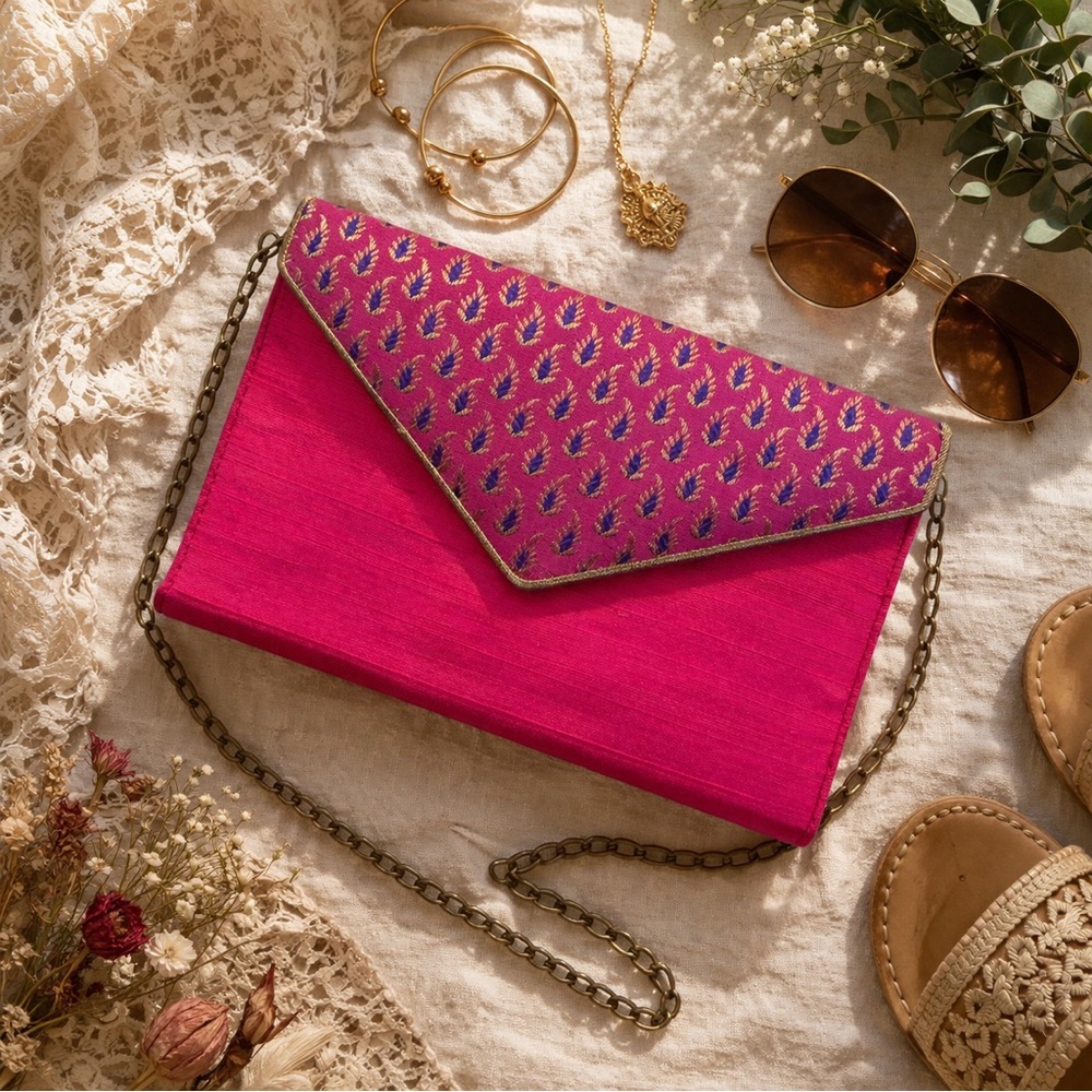 Fabindia Silk Brocade Pink Envelope Clutch Crossbody Chain Strap Boho Luxe